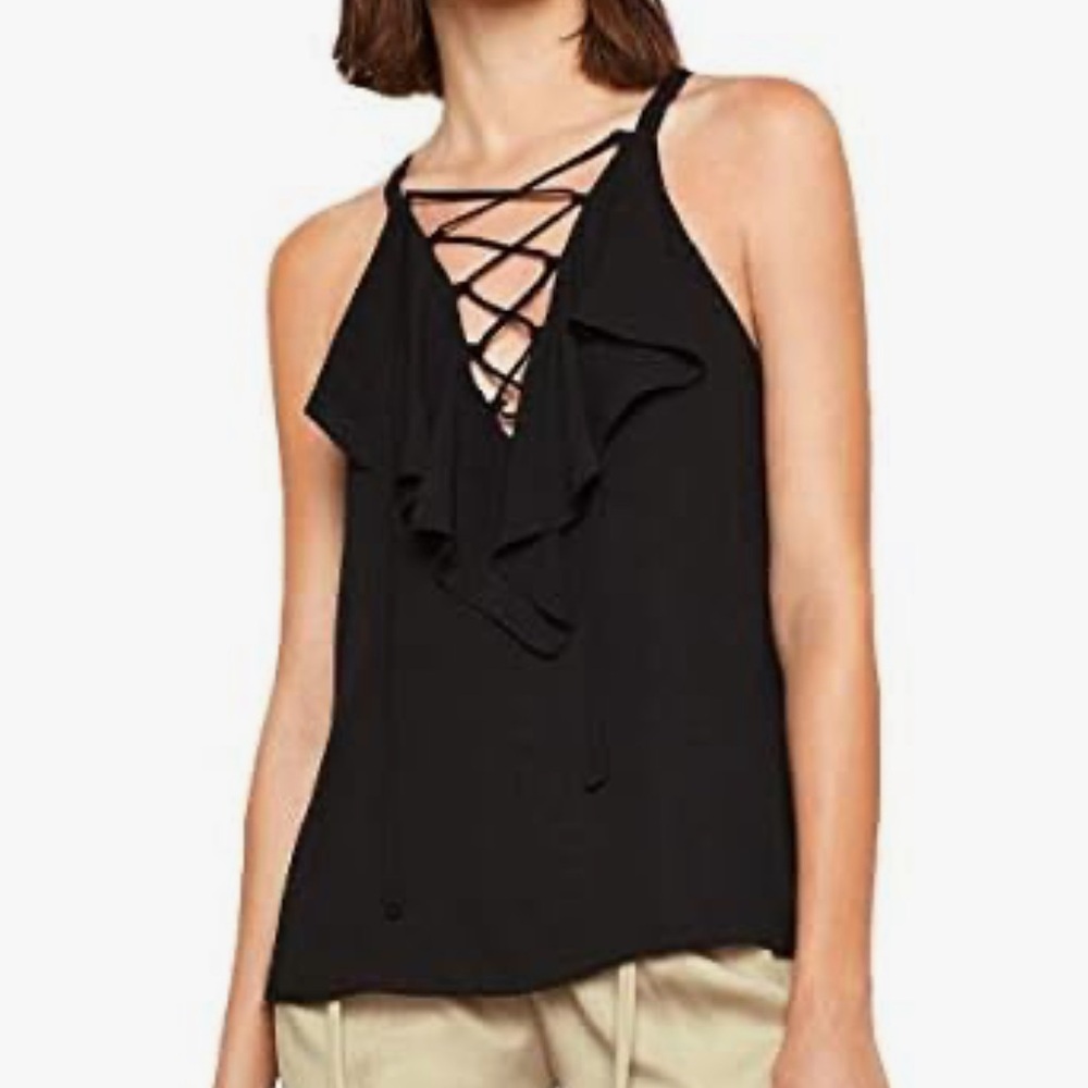BCBG MaxAzria black lace-up ruffle tank top size S